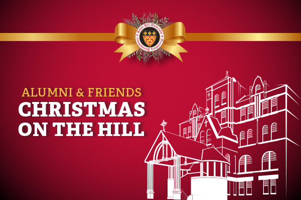 Alumni & Friends Christmas on the Hill Invite includes a red background with image of Admin